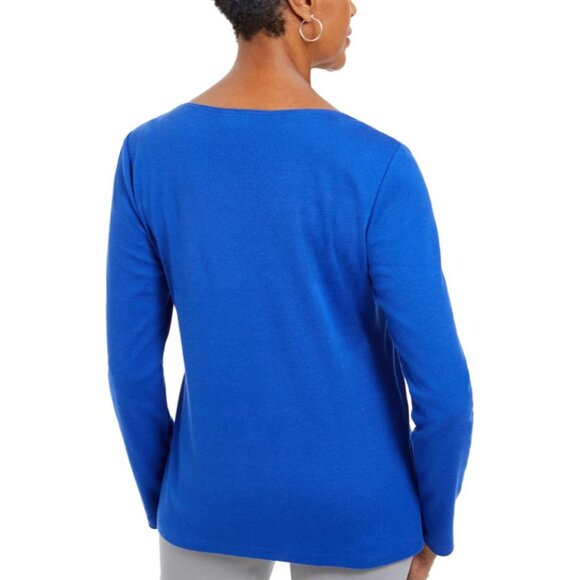 Karen Scott Sequin Shirt Top Women's SMALL Blue Seasonal Lights Long-Sleeve NEW - Picture 9 of 9